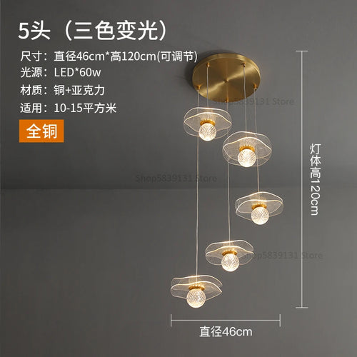 lustre moderne en acrylique et cuivre led feuille de lotus - vue 9 sur 18