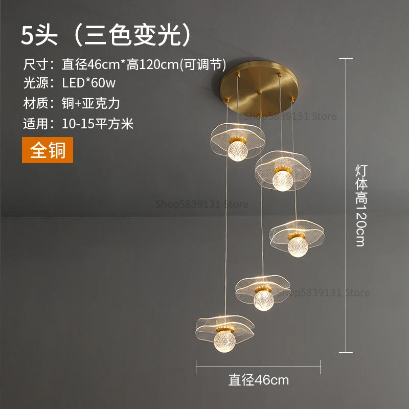 lustre moderne en acrylique et cuivre led feuille de lotus - vue 8 sur 18