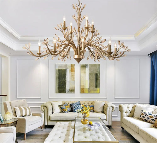 lustre américain en fer forgé avec cristal vintage en branches dorées - vue 5 sur 6
