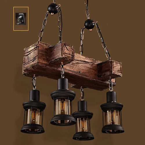 lustre vintage oukaning 4 lumières en bois suspendu industriel - vue 2 sur 6