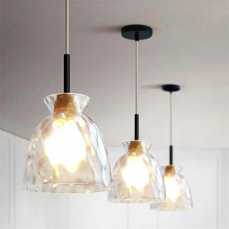 suspension led en verre grain d'eau et bois nordique rétro - vue 3 sur 11