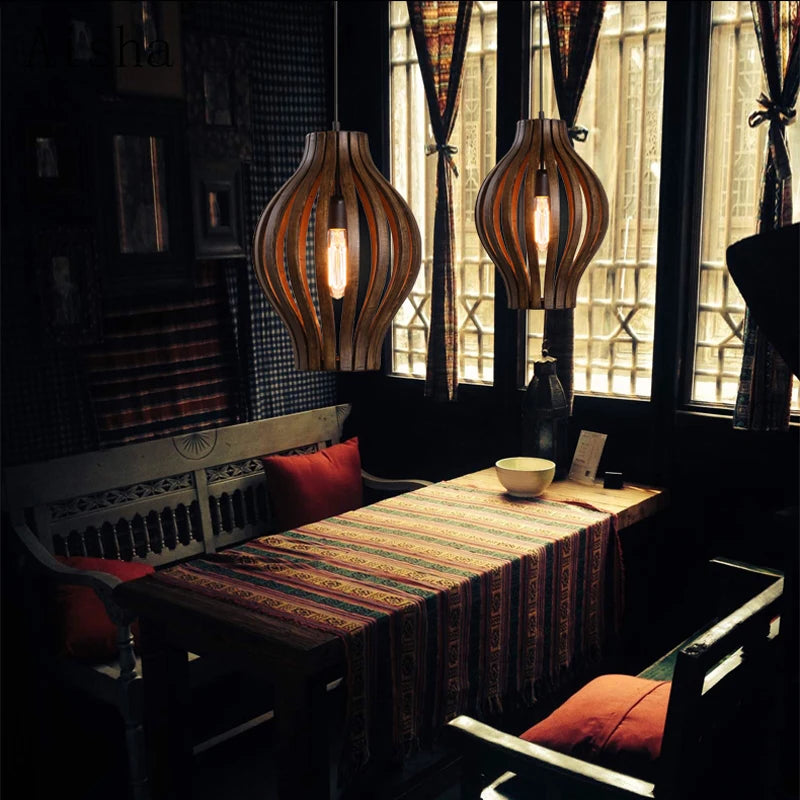 lustre rétro en bois style asiatique pour décoration intérieure - vue 2 sur 7