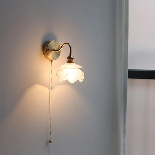 Applique murale fleur verre cuivre tirer chaîne interrupteur LED chambre salle de bain miroir escalier lumière nordique moderne - vue 3 sur 22