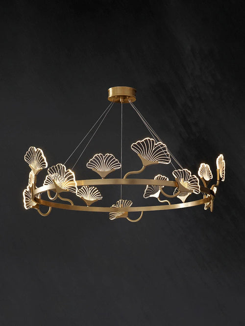 lustre en cuivre simple avec feuilles led style chinois - vue 2 sur 9