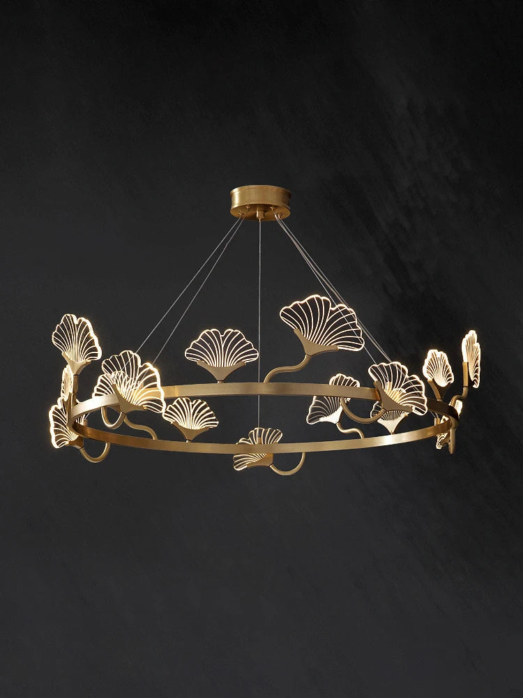 lustre en cuivre simple avec feuilles design led style chinois - vue 1 sur 9