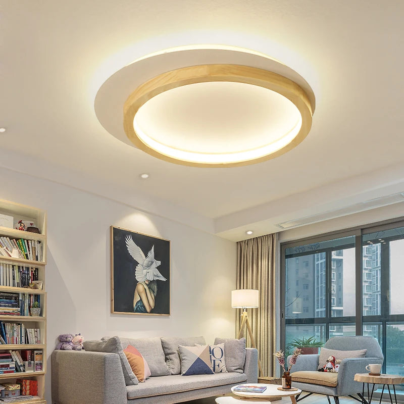 plafonniers led rondes modernes nordiques en acrylique et bois - vue 5 sur 8