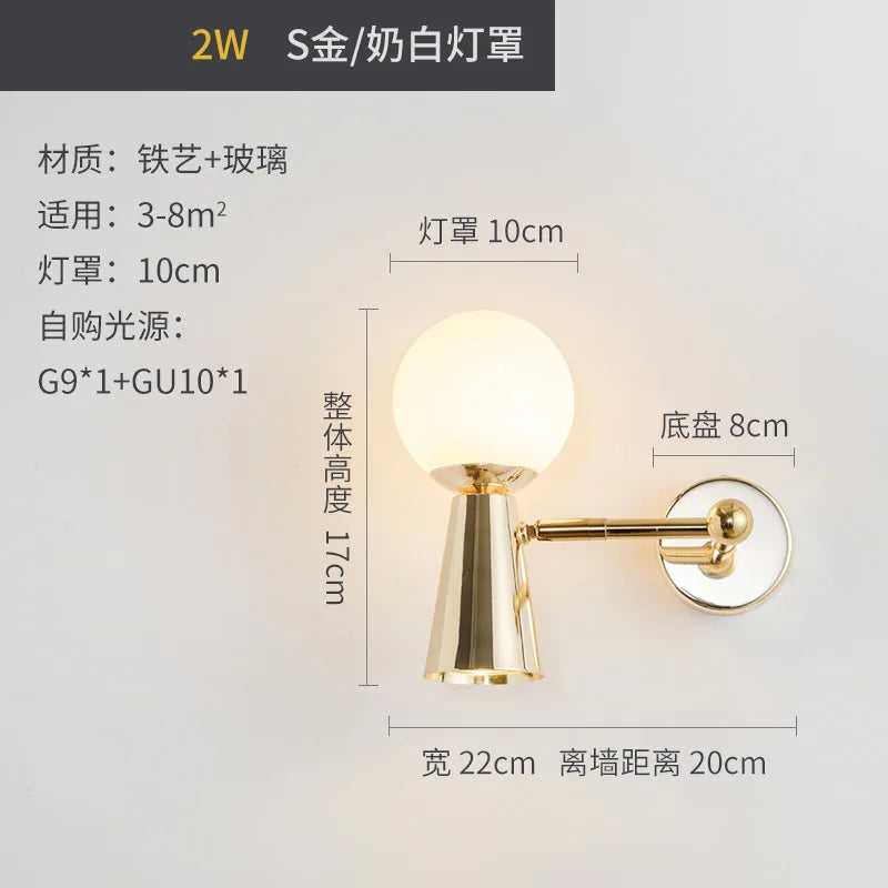 applique murale en fer forgé tête de verre rotative lampes LED décoratives - vue 10 sur 12