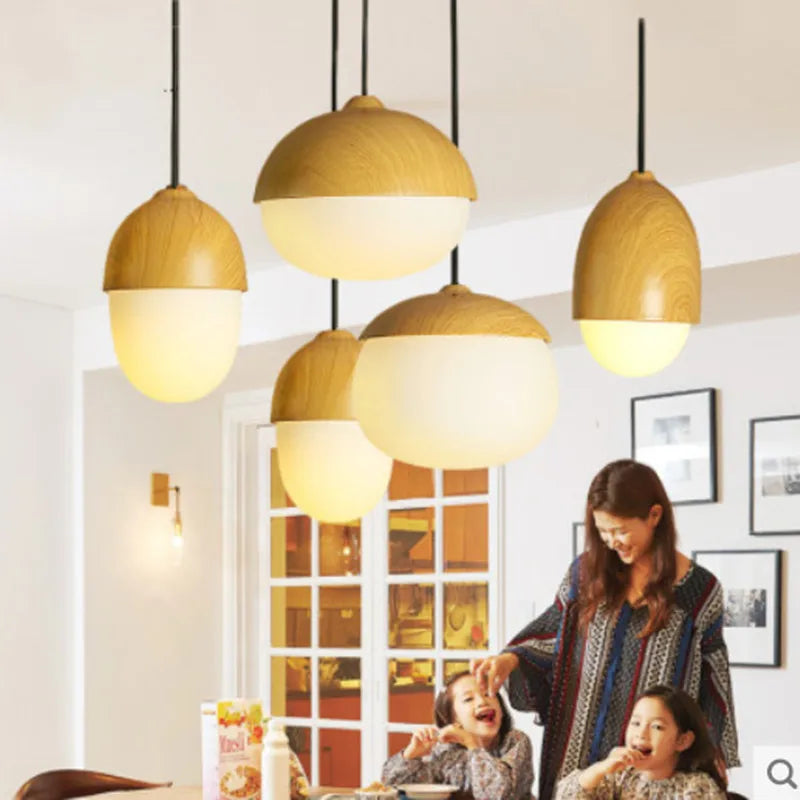 lustre led rond en bois et fer forgé moderne - vue 3 sur 10