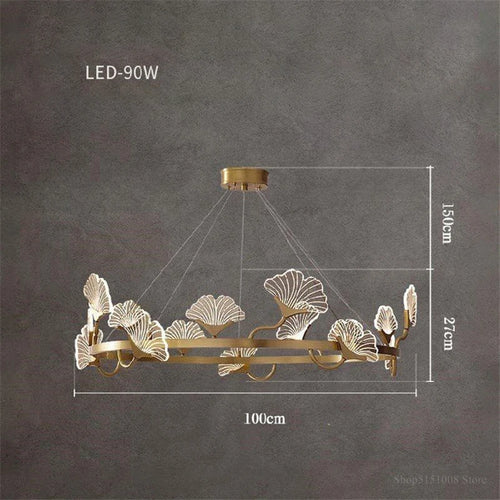 lustre en cuivre simple avec feuilles led style chinois - vue 10 sur 9