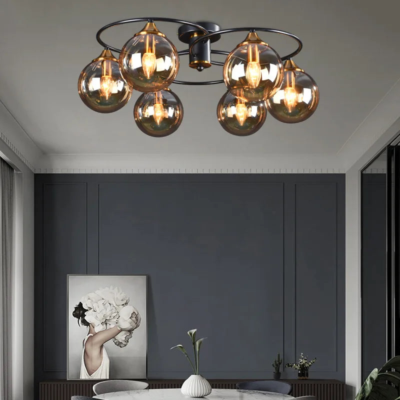 lustre industriel en verre ambré design nordique métal pour foyer et restaurant - vue 4 sur 14