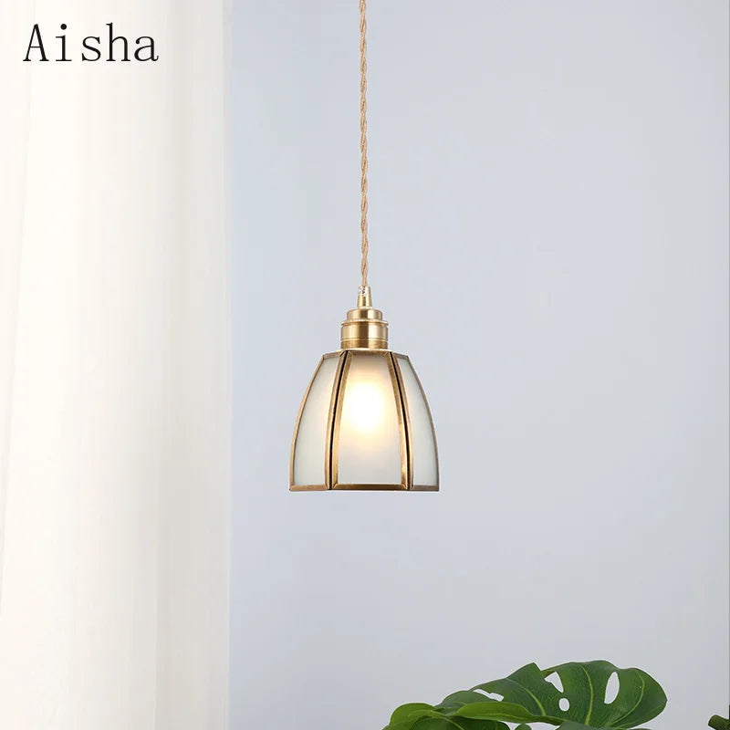 suspension vintage en verre japonais et cuivre design nordique - vue 5 sur 10