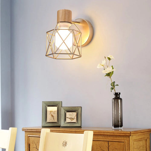applique murale led moderne en bois avec cage en fer - vue 4 sur 9