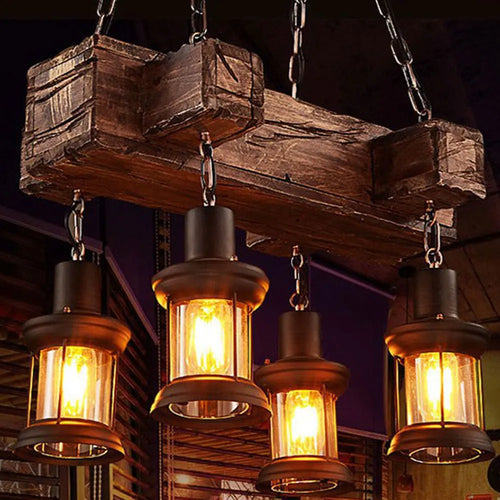 lustre vintage oukaning 4 lumières en bois suspendu industriel - vue 4 sur 6