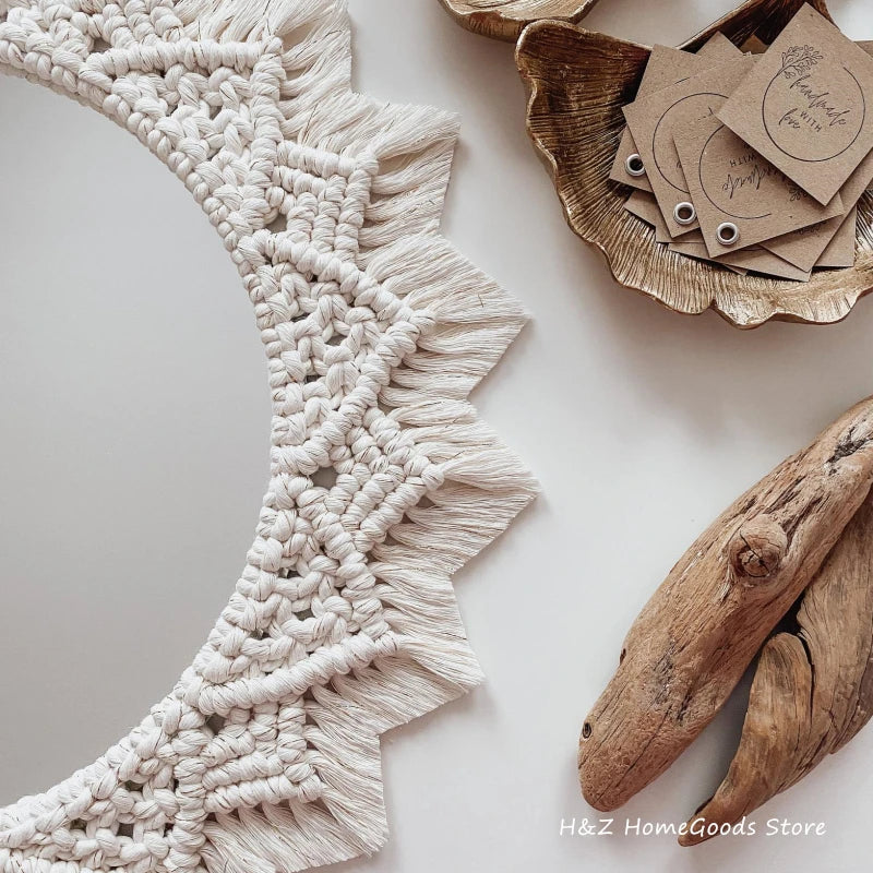 miroir décoratif en macramé style bohème pour décoration intérieure - vue 6 sur 11