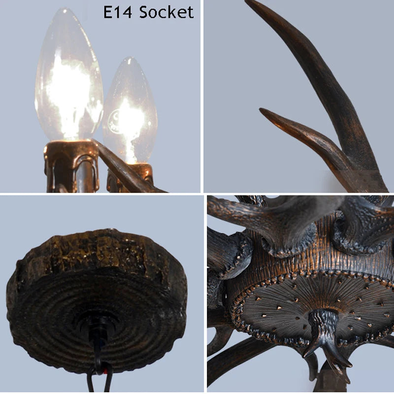 lustre vintage amérique pour café bar hôtel avec suspension deerhorn - vue 6 sur 8