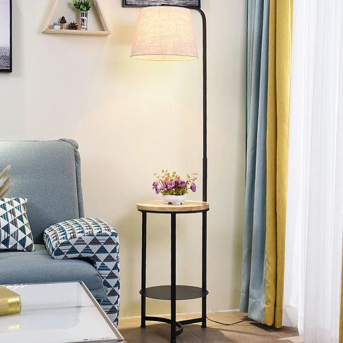 lampadaire en bois style européen avec plateau de rangement - vue 2 sur 9