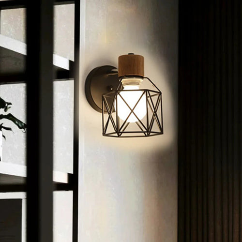 applique murale led moderne en bois avec cage en fer - vue 3 sur 9