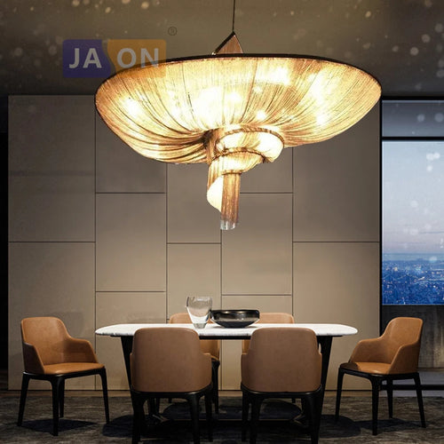 lustre rétro vintage en aluminium avec chaîne dorée et chromée - vue 4 sur 6