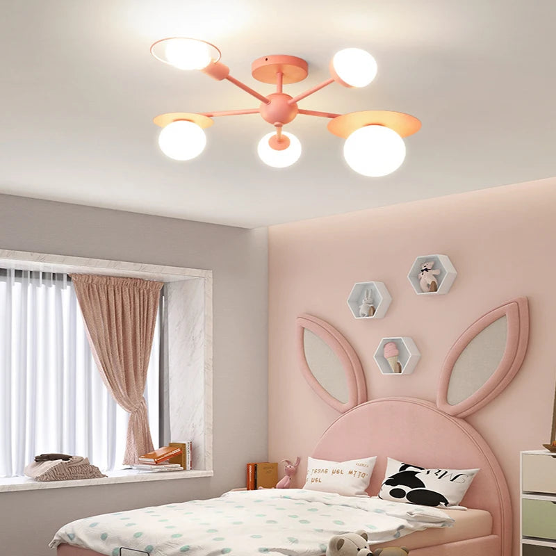 Nordique enfants chambre lustre éclairage abat-jour en verre dessin animé LED bleu rose plafonnier pour fille garçon enfants princesse chambre - vue 3 sur 7