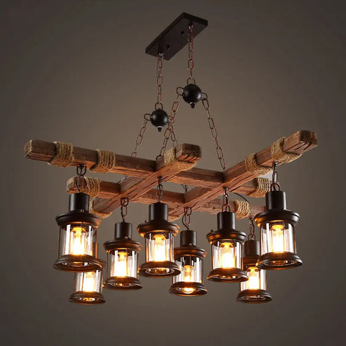 lustre industriel rétro en bois et fer avec 8 lampes - vue 3 sur 7
