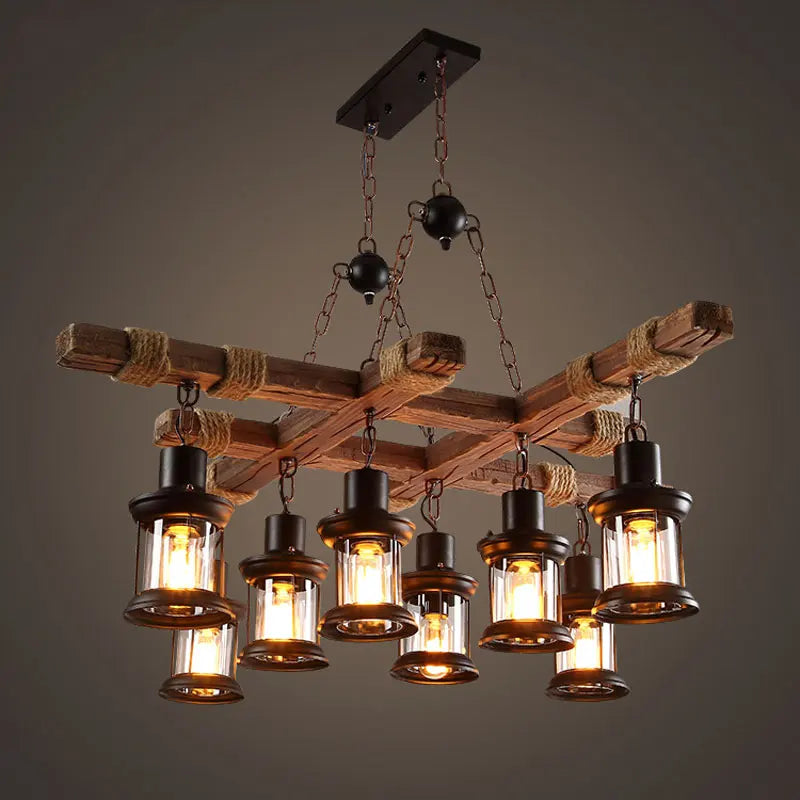lustre industriel rétro en bois et fer avec 8 lampes - vue 3 sur 7