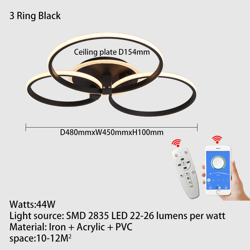 Lustre Led moderne anneau Led plafonniers salon chambre lumières plafond noir/blanc 1-5 anneau d'éclairage APP/lustre à distance - vue 12 sur 16