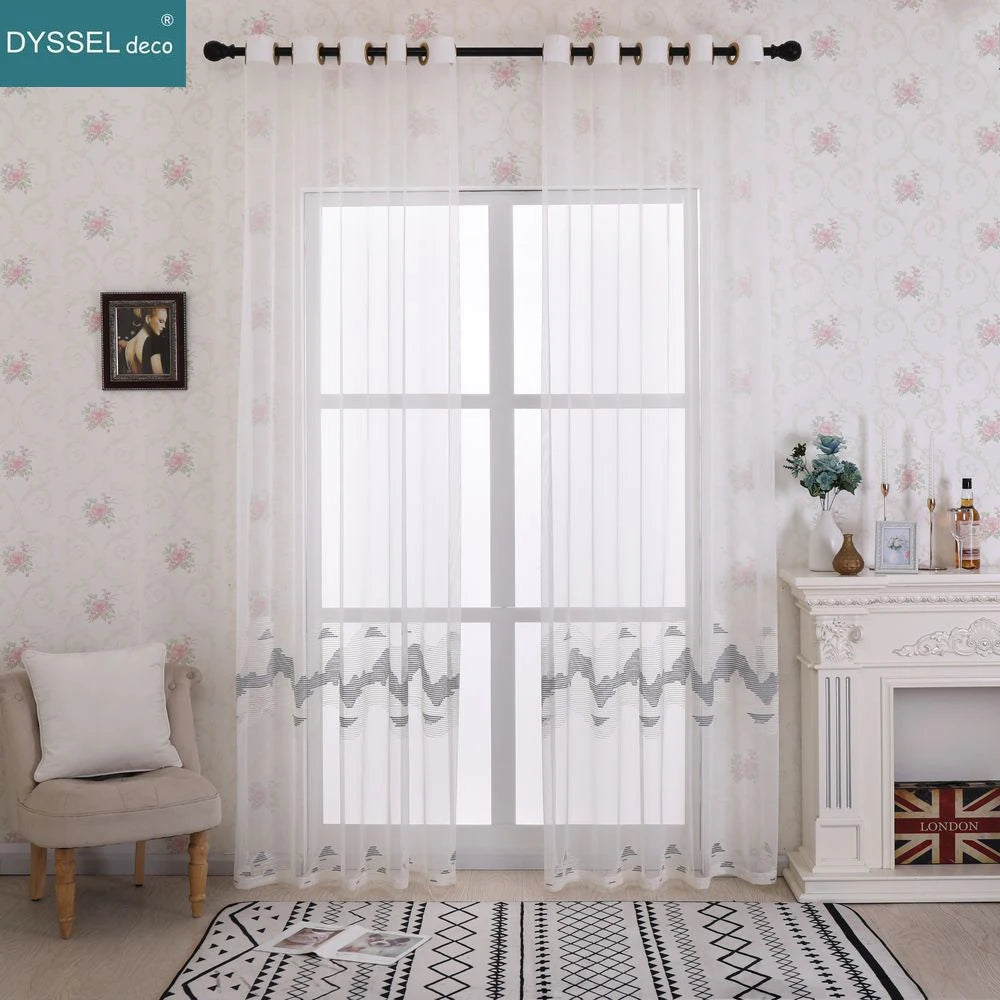 Voilage tulle brodé motifs géométriques style européen salon - vue 5 sur 8