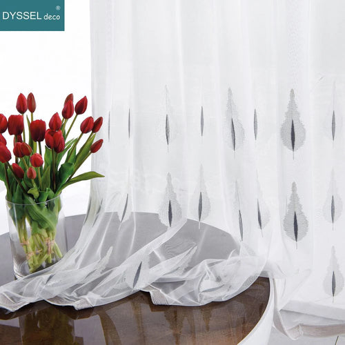 Voilage tulle brodé fleurs style moderne salon - vue 5 sur 8