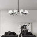 lustre réglable en hauteur avec anneaux en cuivre et verre blanc