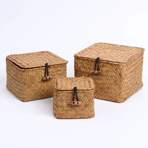 panier de rangement en algues tissé à la main avec couvercle - vue 3 sur 14