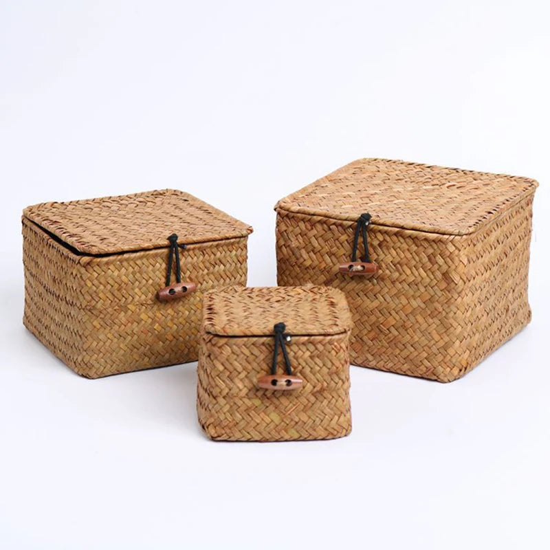 panier de rangement en algues tissé à la main avec couvercle - vue 3 sur 14