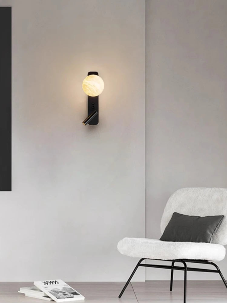Modern Minimalist Black Rotatable All Copper Natural Marble Wall Lamp, Bedroom Bedside Lamp, Light Luxury Living Room Wall Lamp - vue 2 sur 7