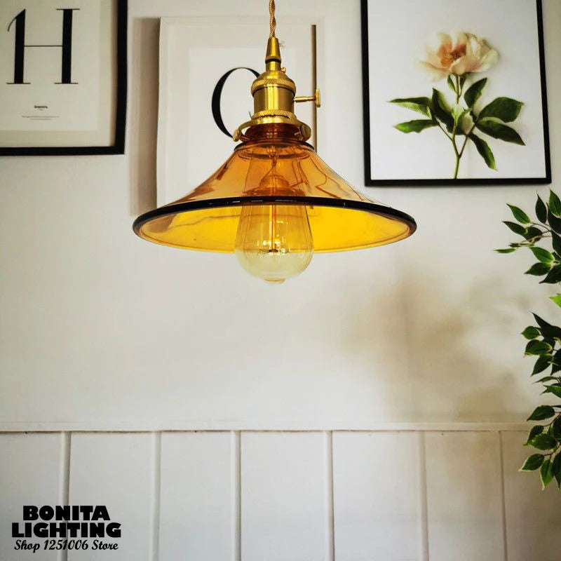 suspension vintage en verre avec base en laiton et interrupteur - vue 3 sur 7