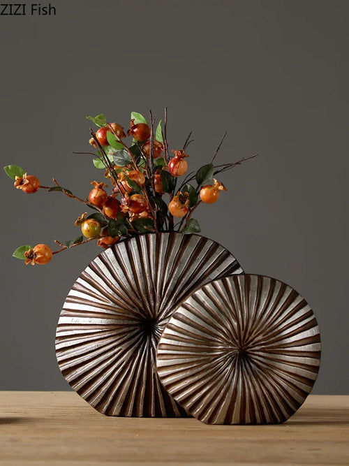 vase floral en résine à fleurs moderne rayures bois - vue 3 sur 10