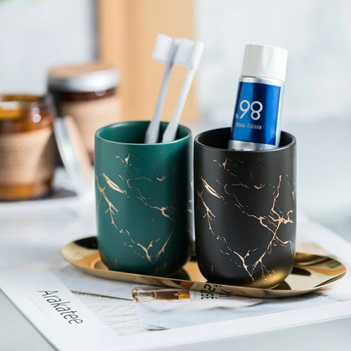 tasse de bain de bouche en marbre doré pour couple et accessoires - vue 4 sur 12