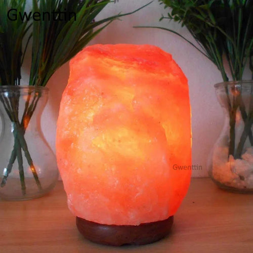 lampe de sel en cristal de l'himalaya avec veilleuse led et base en bois - vue 3 sur 6