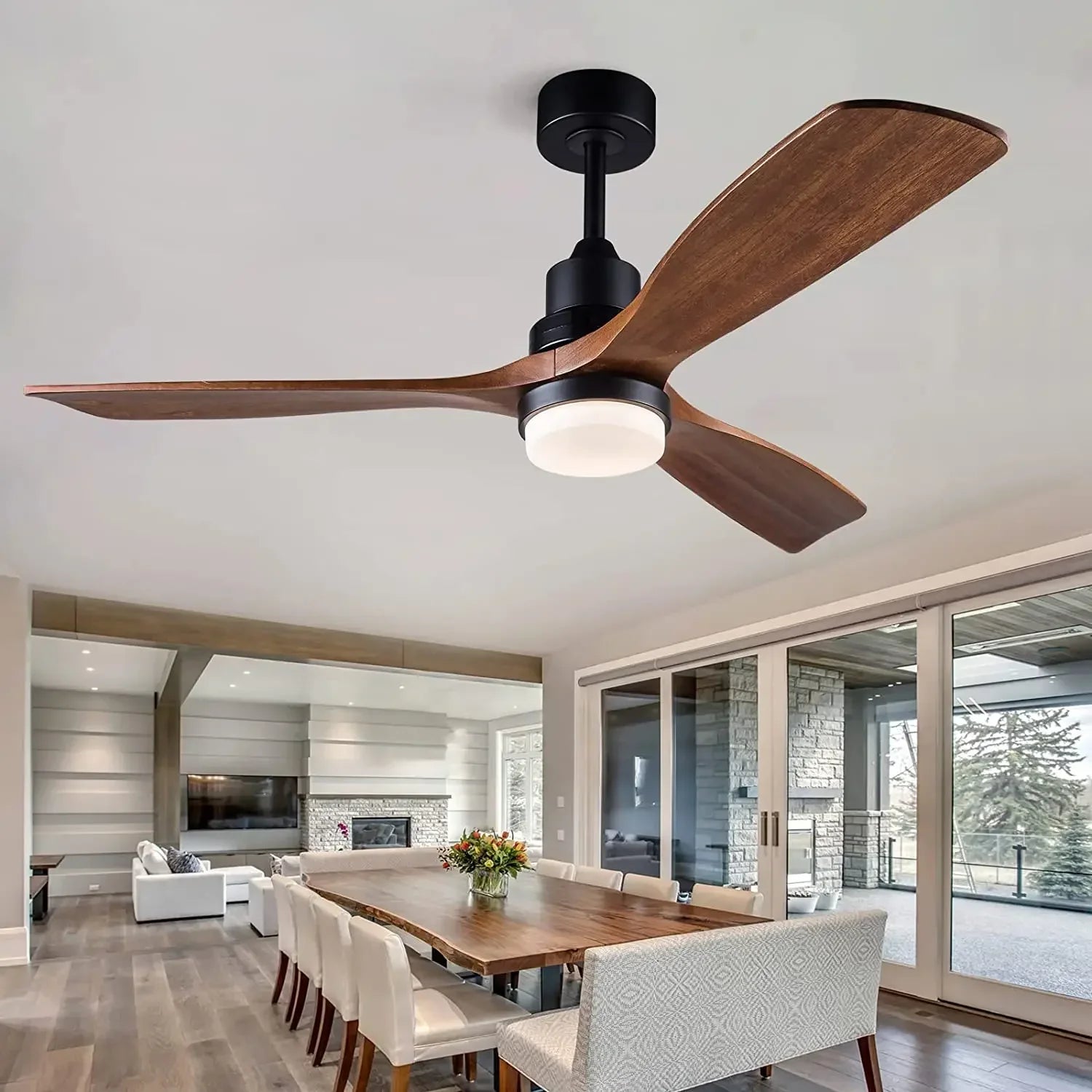 ventilateur de plafond bois 3 pales avec lumière et télécommande - vue 1 sur 8