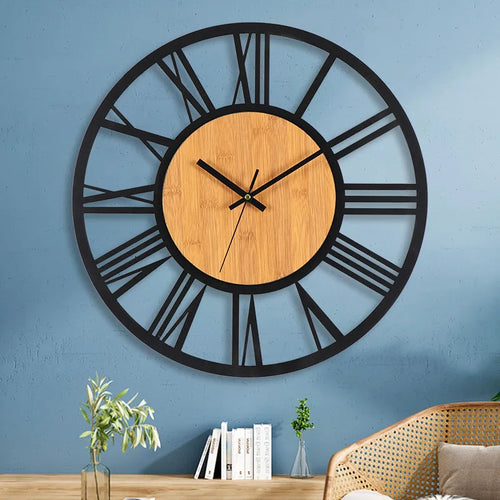 horloge murale 3D rétro avec chiffres romains en bois et métal - vue 2 sur 7