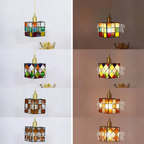 plafonnier cube style tiffany en verre teinté décoration intérieure - vue 7 sur 9
