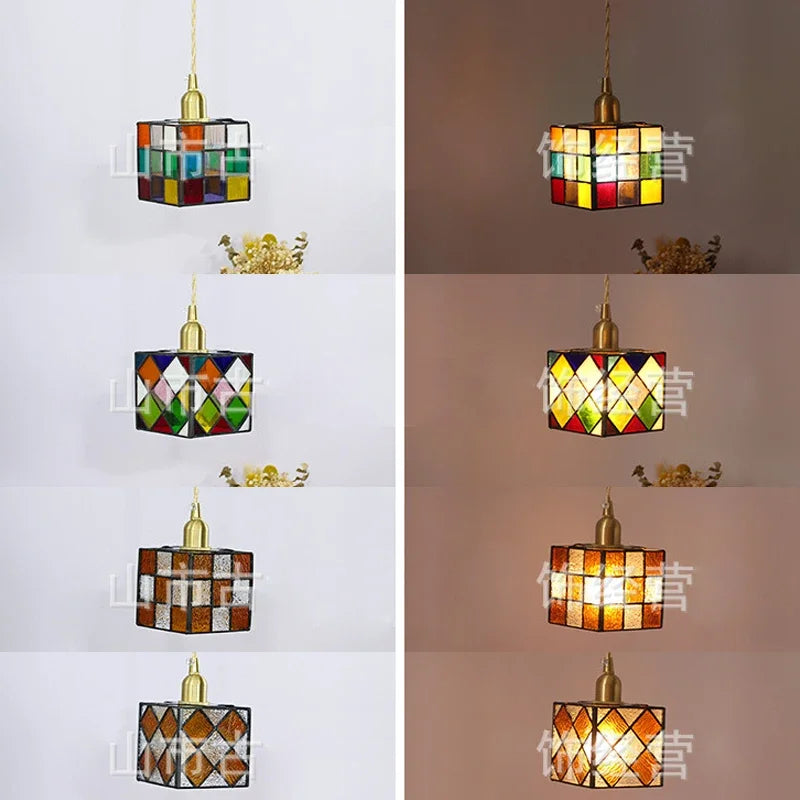 plafonnier cube style tiffany en verre teinté décoration intérieure - vue 6 sur 9