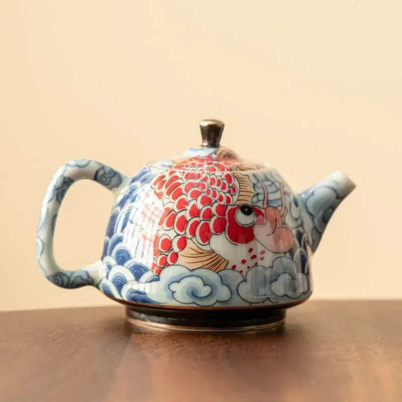 Théière chinoise porcelaine décor sous couverte infuseur - vue 3 sur 7