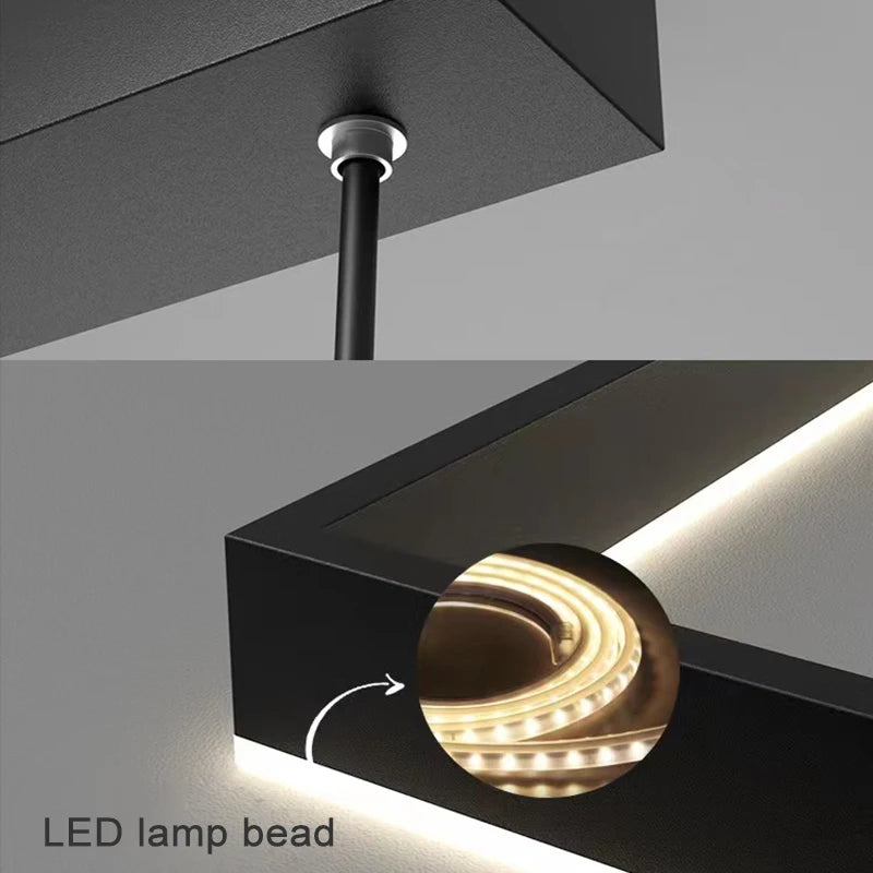 Lustre Led carré moderne pour salon salle à manger chambre cuisine noir Rectangle Led plafonnier suspension lampe - vue 6 sur 18