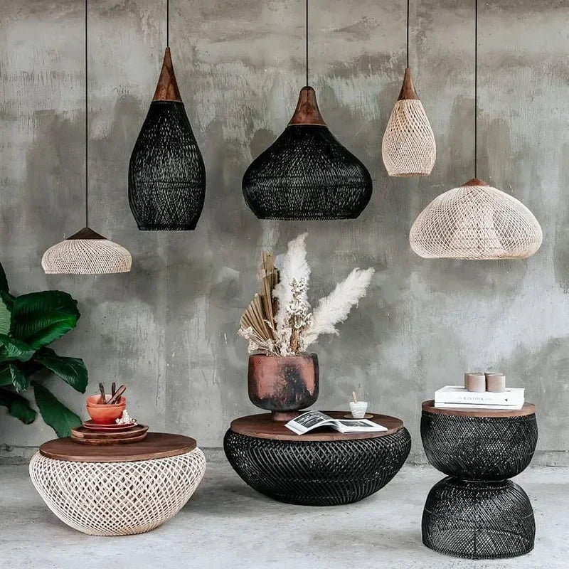 Modern art minimalist retro chandelier suitable for living room, dining room, farmhouse, natural rattan and willow chandelier - vue 1 sur 21