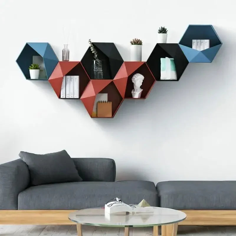 support mural en bois hexagonal pour livres et décorations - vue 5 sur 12