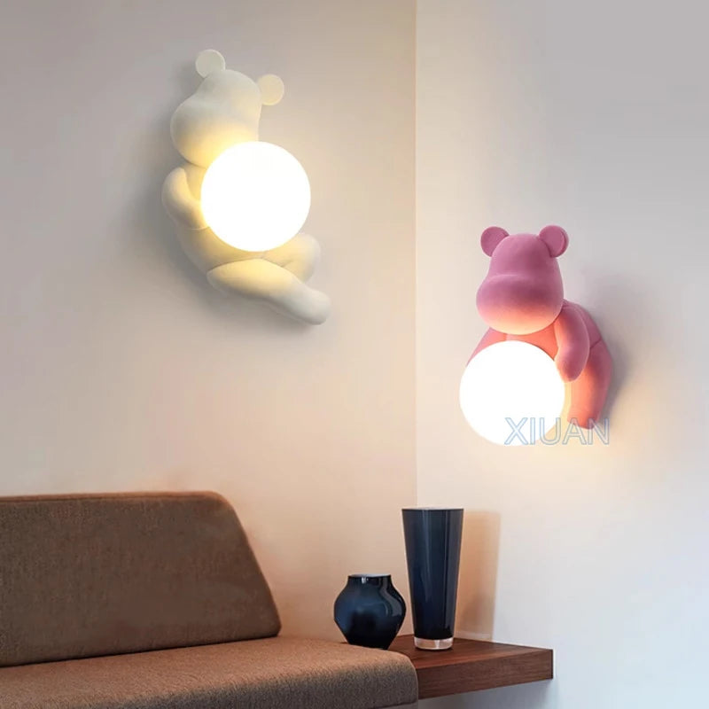 Chrome White Pink Bear Lights Art Design Bedroom Bedside Wall Lamps Resin Animal Glass Sconces Living Room Decorative Wall Light - vue 1 sur 18