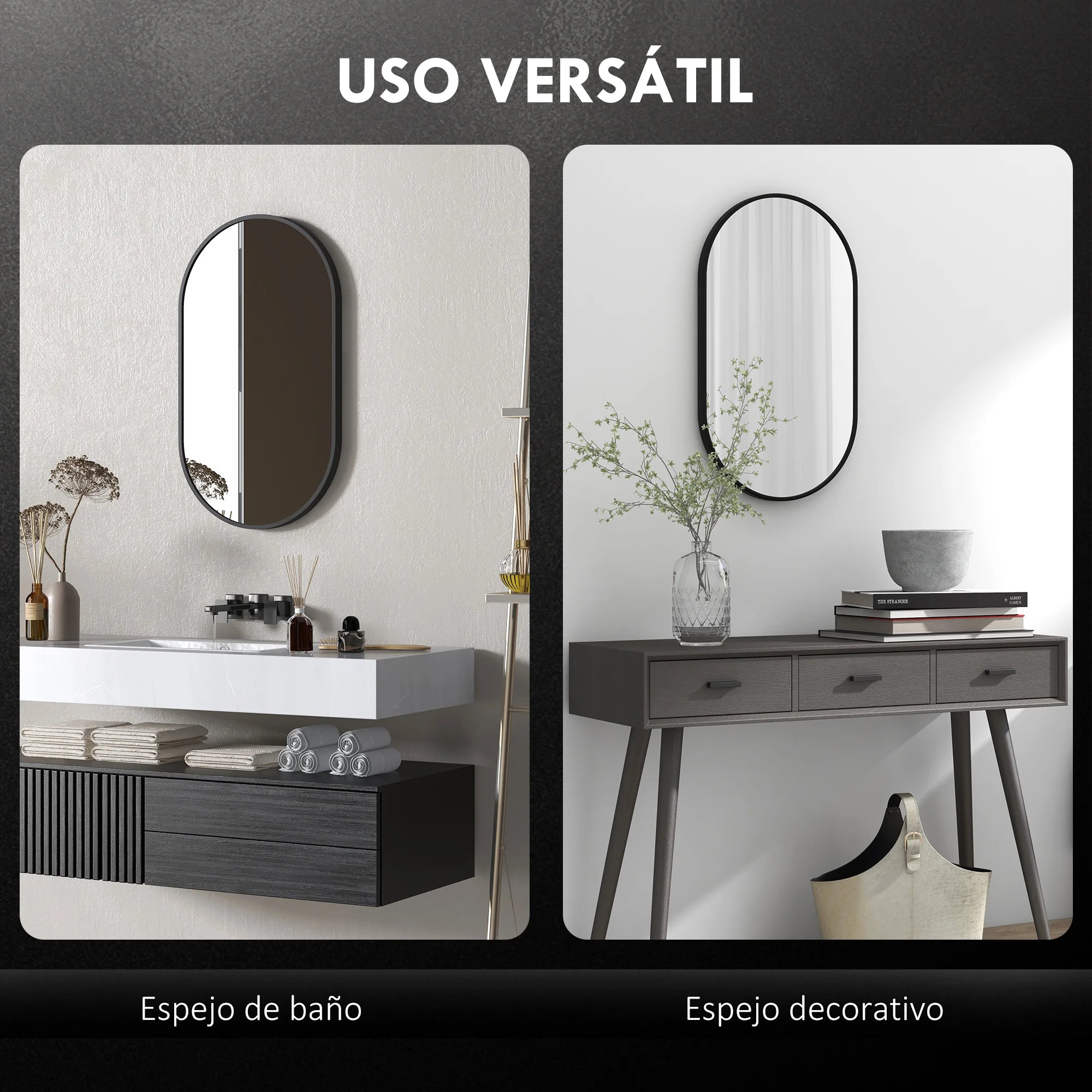 miroir ovale avec cadre en aluminium noir pour décoration intérieure - vue 4 sur 7