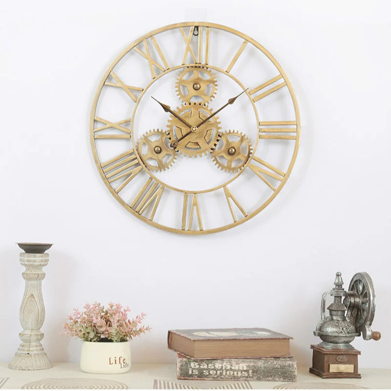 horloge murale rétro 3D luxe grand engrenage décorative artisanale - vue 4 sur 7