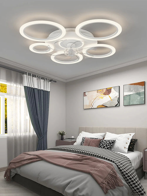 Modern white minimum circular fan light, simple living room ceiling fan light, intelligent control ceiling fan light - vue 3 sur 8