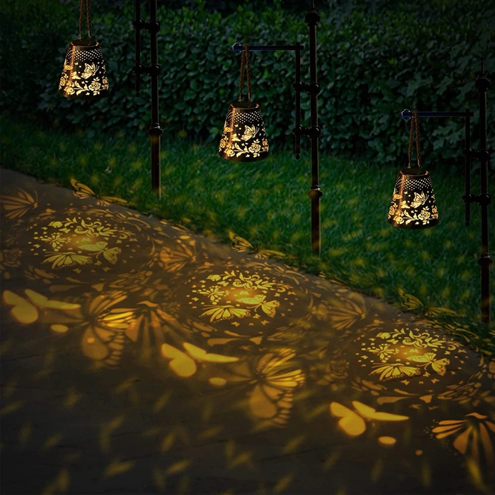 lanterne solaire suspendue projection fleurs papillons pour jardin extérieur - vue 4 sur 7