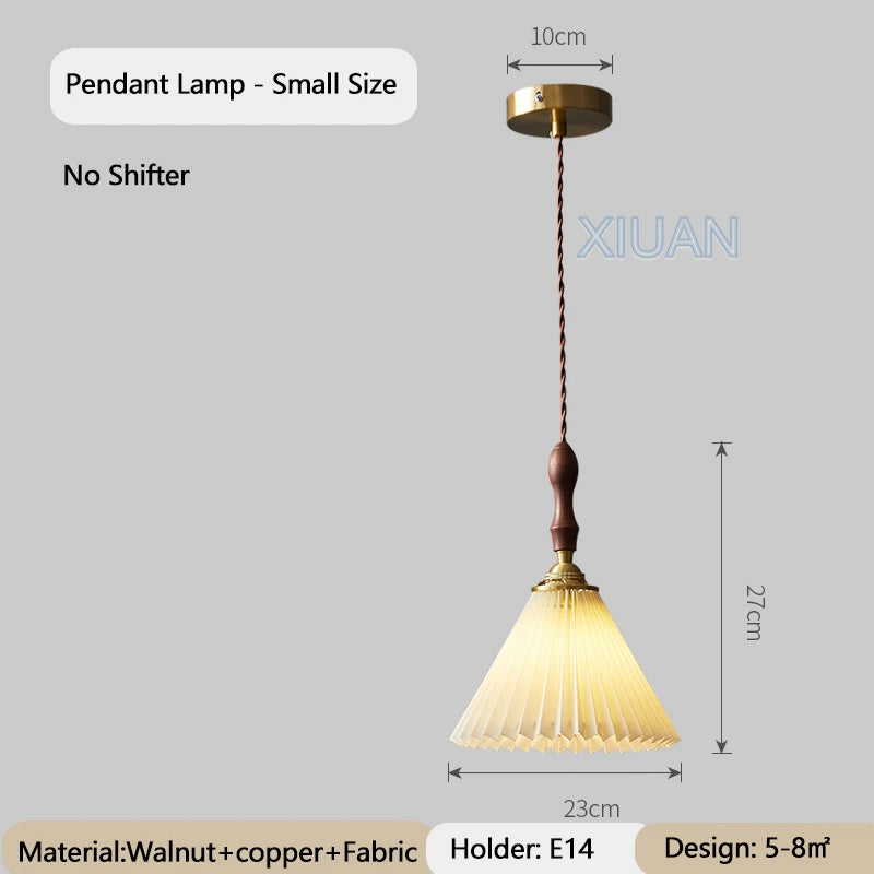 lustre vintage japonais avec abat-jour plissé en noyer